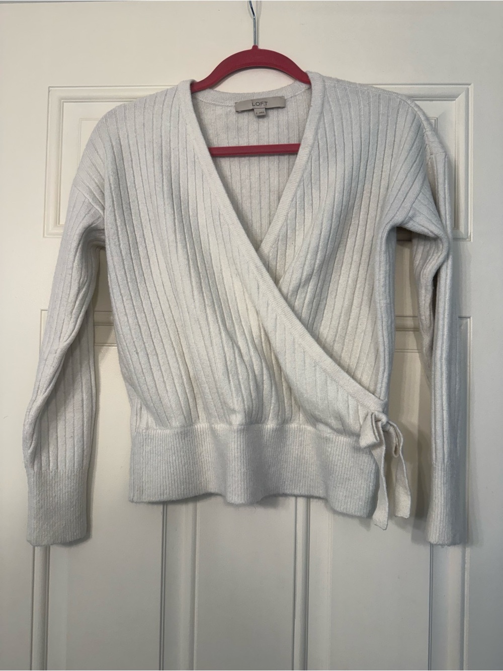 LOFT Cream Ribbed Wrap Cardigan with Side Tie